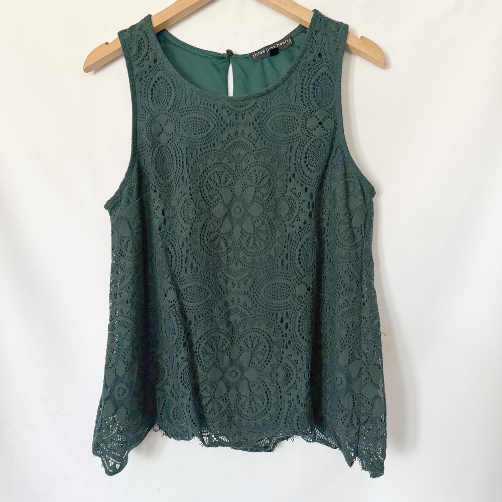 Three Pink Hearts Lace Lined Women's Medium Green Tank Boho Feminine Office - Picture 1 of 9
